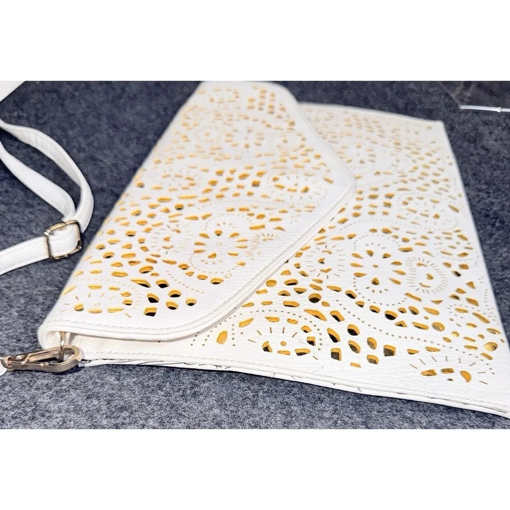 NWOT White Gold Laser Cut Crossbody Bag Floral Envelope Clutch Purse
